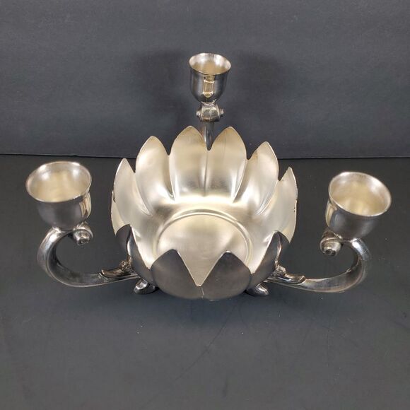 Leonard Silver-Plate Lotus Candle & Flower Vase Centerpiece w/ Frog - Picture 1 of 7